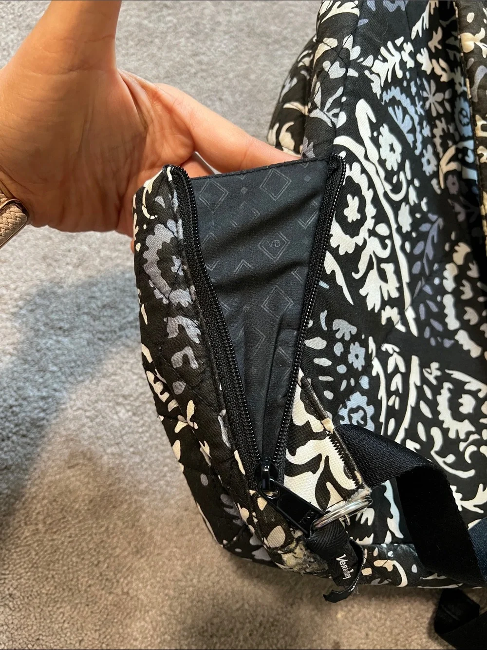 Vera Bradley Baroque Floral Quilted Backpack in Black Grey Cream